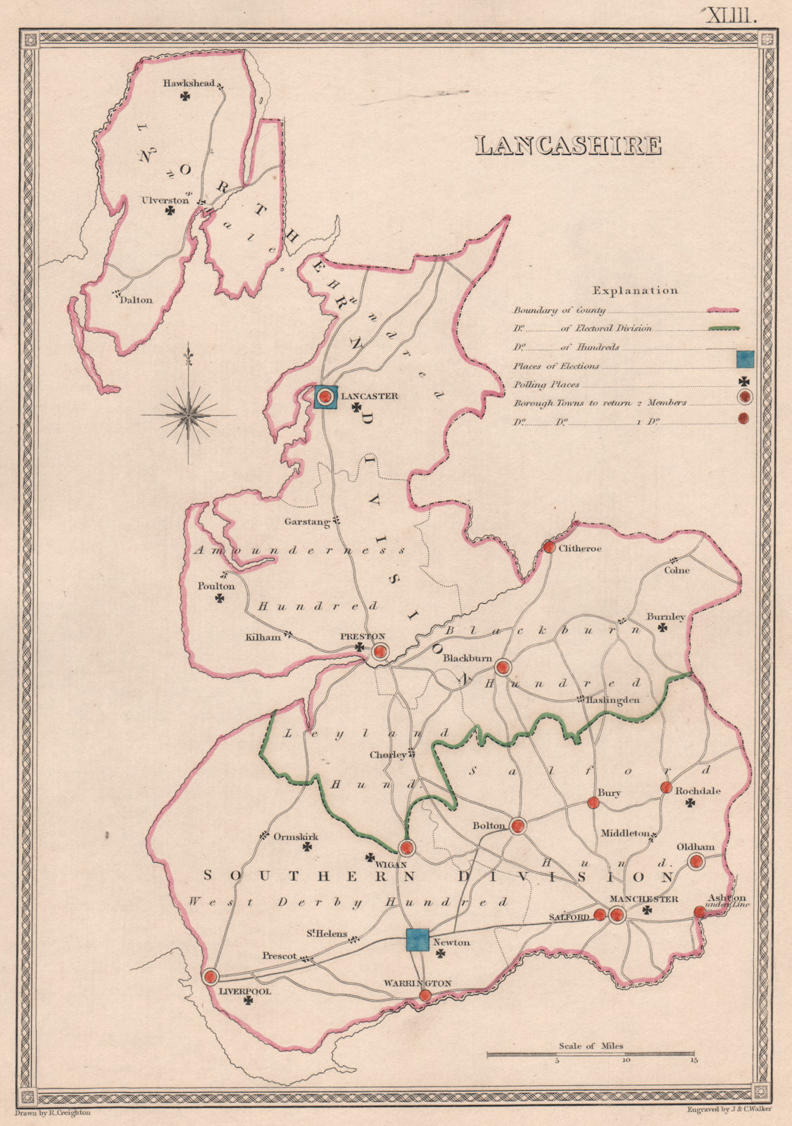 LANCASHIRE antique county map by CREIGHTON/WALKER. Electoral 1835 old